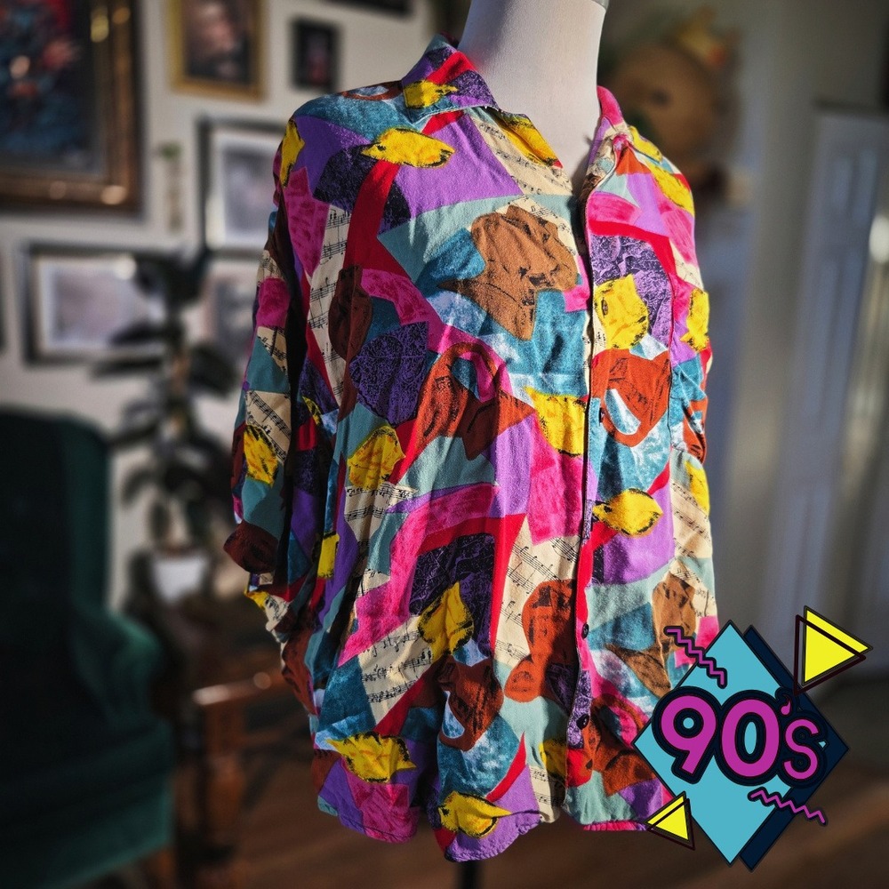 Protest Shirt Abstract Vintage 90s Music Note Rayon Button Up Multicolor XL L